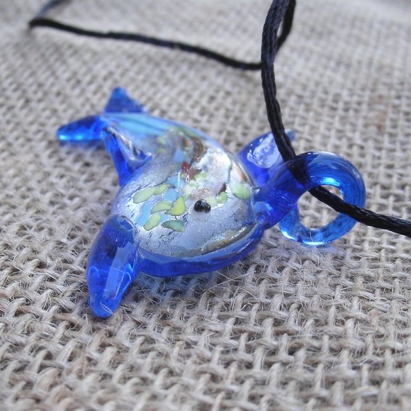 Murano Glass Blue Dolphin Pendant Necklace - Picture 7 of 15